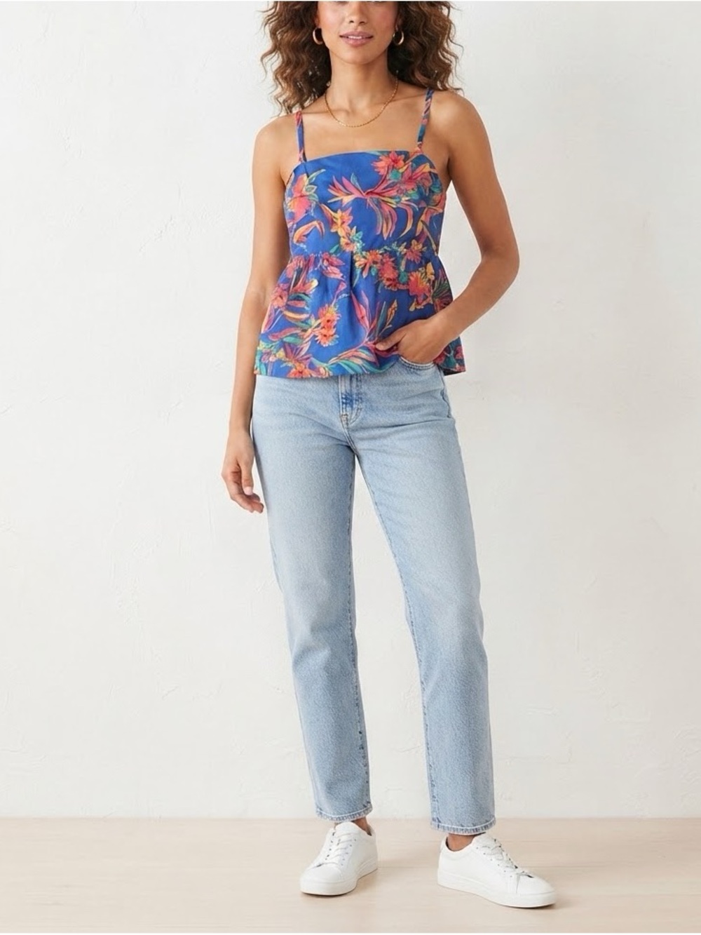 J.CREW Tropical Floral Babydoll Tank Top Blue Orange Cami Blouse Sz 0❤️